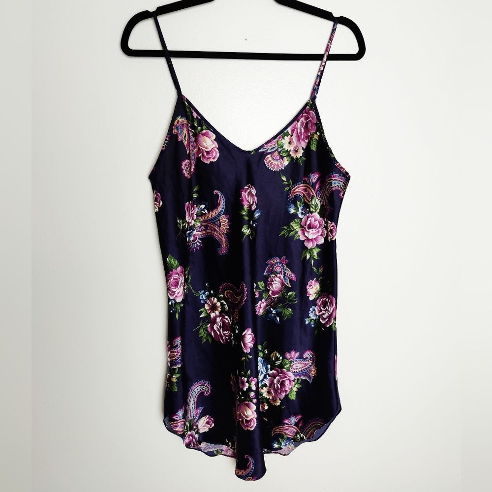 Vintage Intimate Moods Silky Paisley And Floral Navy Chemise, Size M/L